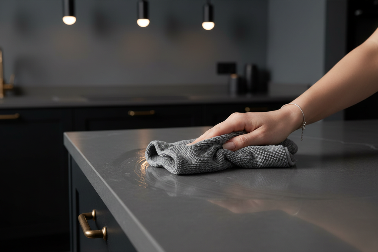 can you update such that a lady's hand is cleaning the table? more blackish greyish background pleae